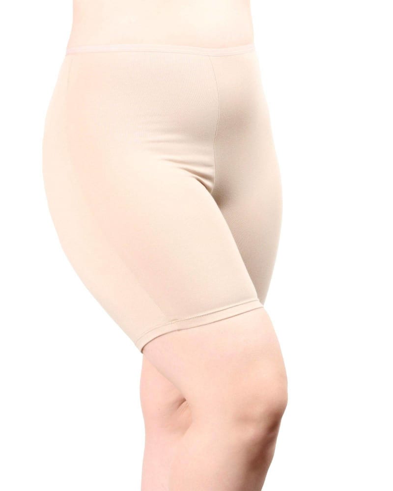Front of a model wearing a size L Lux Anti Thigh Chafing Slipshort in Light Beige by Undersummers. | dia_product_style_image_id:243567